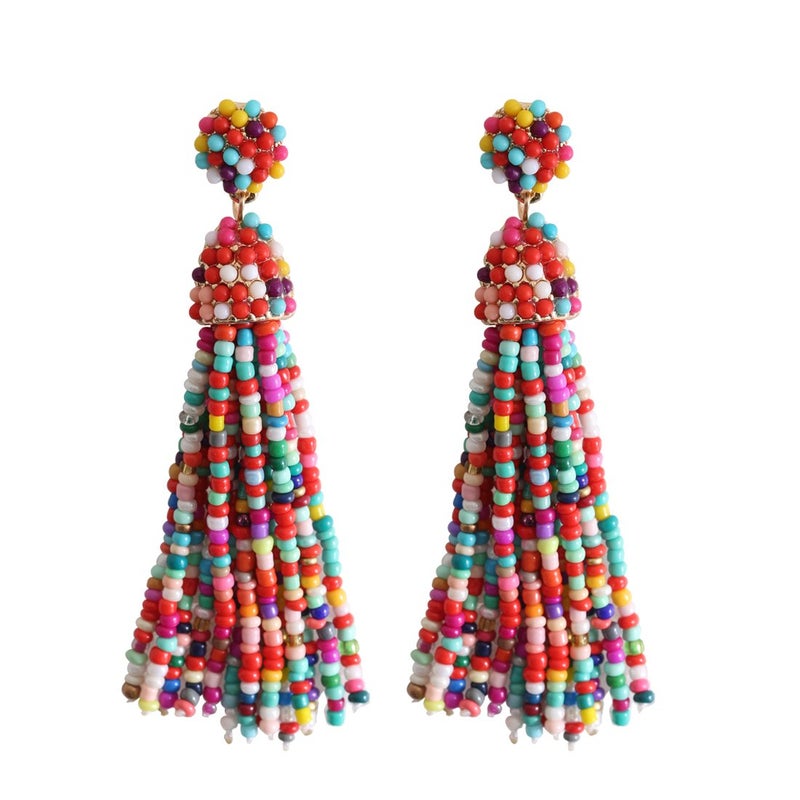 NLCAC Women's Beaded tassel alloy earrings Long Fringe Drop Earrings Dangle Confetti - Image 1